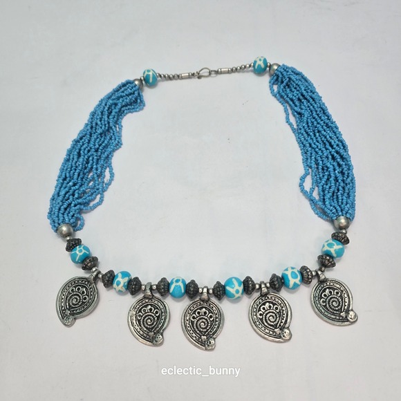 Tibetan-Style Blue Beaded Statement Necklace Silver-Tone Medallions • Boho - Picture 2 of 7